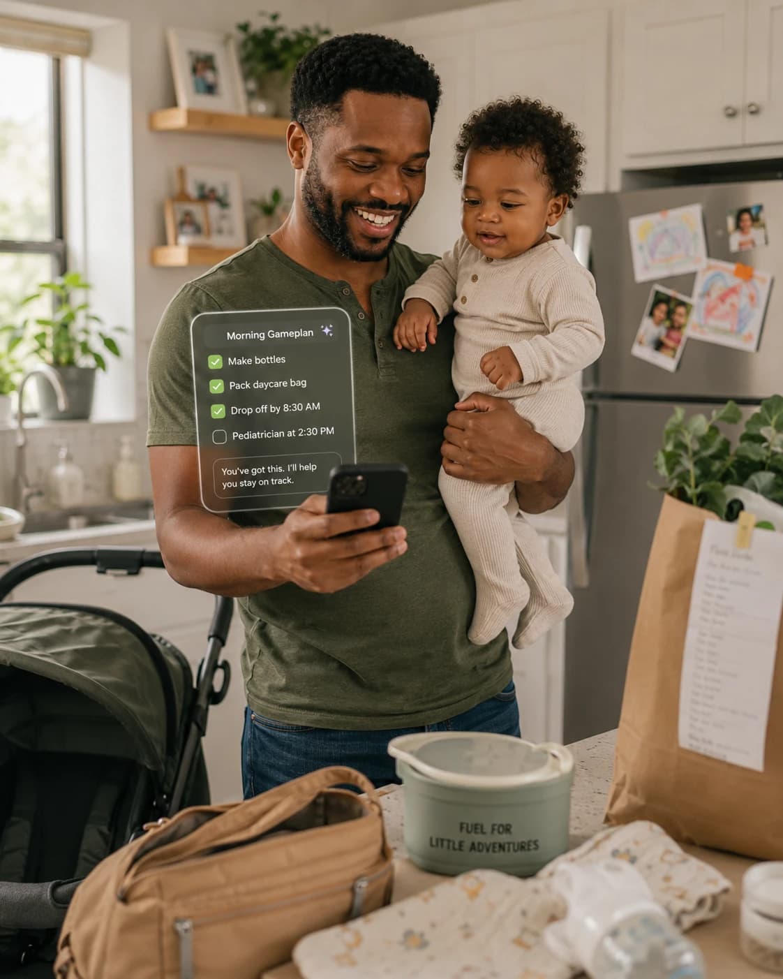 Dad holding baby in the kitchen, AI showing a morning gameplan on his phone